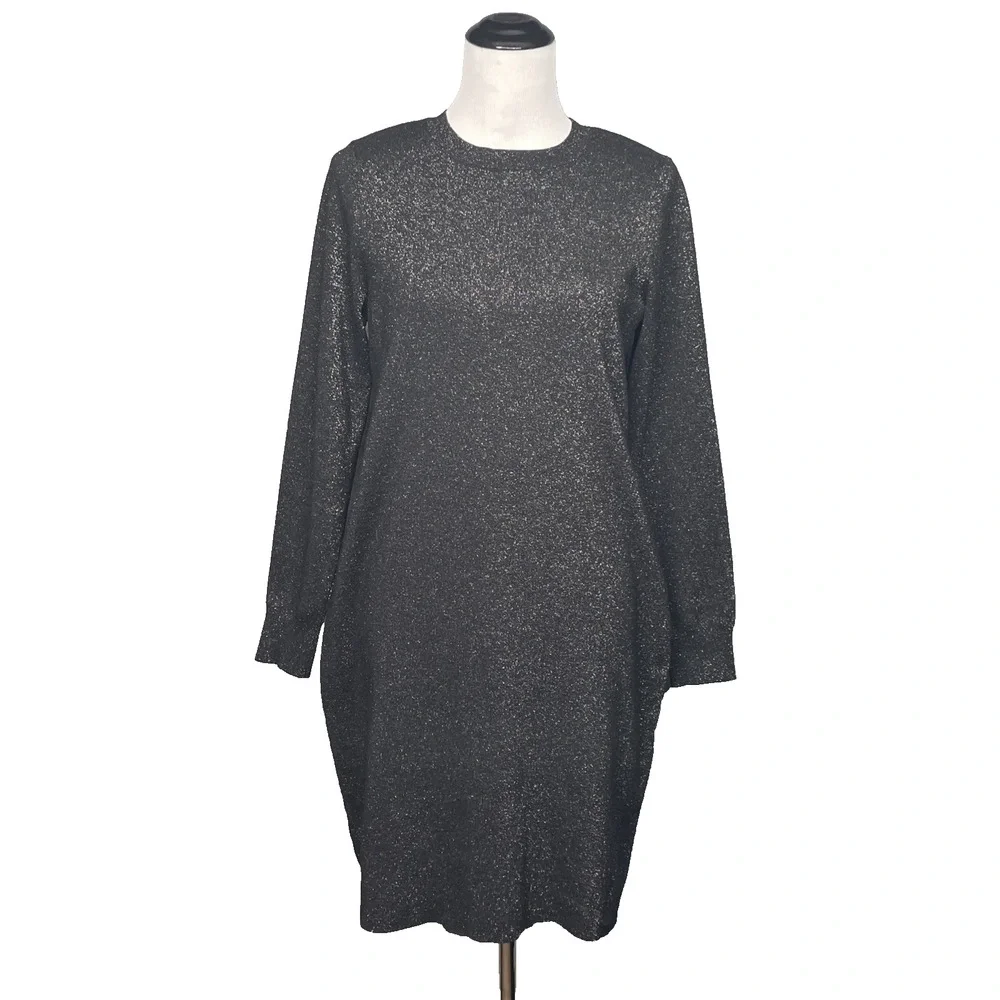 Loft Women L Black/Gold Shimmer Knit Dress Long Slv Fitted Sheath Cocktail Party